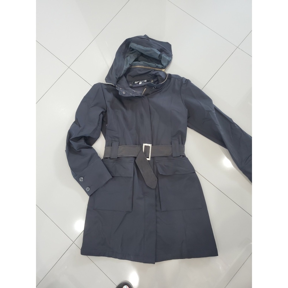 GF GIANFRANCO FERRE pea Belted Pea Coat Removable Hood SZ XS Black